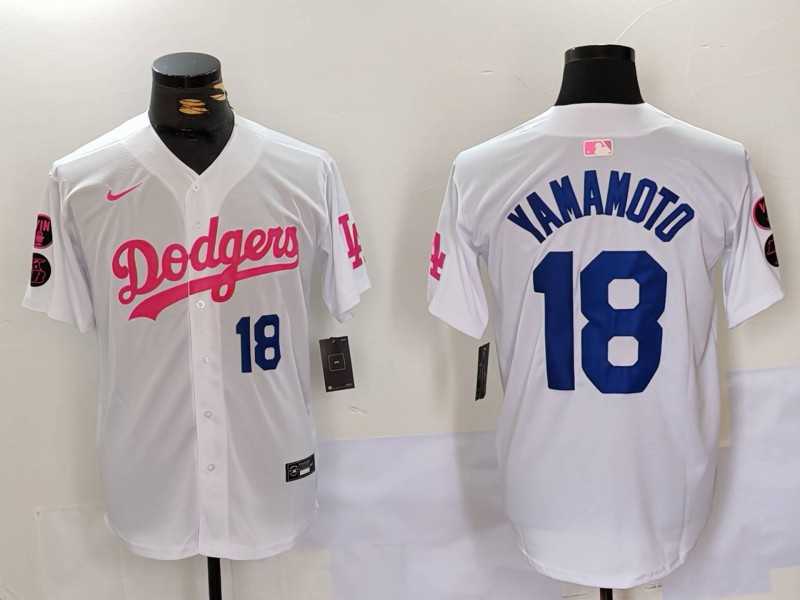 Men%27s Los Angeles Dodgers #18 Yoshinobu Yamamoto White Pink Vin & Kobe Patch Stitched Baseball Jersey->los angeles dodgers->MLB Jersey